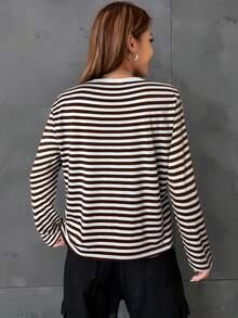 SHEIN EZwear 女款條紋印花圓領休閒落肩長袖上衣，棕色條紋長袖上衣，秋季條紋襯衫 - 棕色 - 查看 2