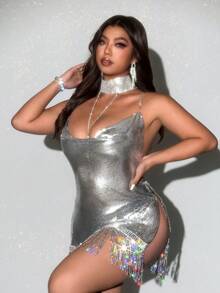 Viva Relle 性感派对晚会优雅垂坠领口亮片流苏水钻链条加大码吊带裙 - 銀色 - 查看 1