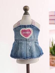 PETSIN 1pc Pet Dress, Cat And Dog Universal Clothes, Cute Embroidered Love Suspender Dress, Retro Blue Dress - 藍色 - 查看 8