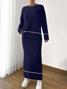 EURMUSE Women Solid Color Round Neck Drop Shoulder Stripe Pattern Pullover & Sweater Skirt Set,Petite,Winter Clothes - Navy Blue - View 7