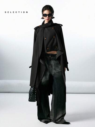 LYSMO 女士休闲双排扣纯色风衣，秋季女士未来主义时尚前卫风