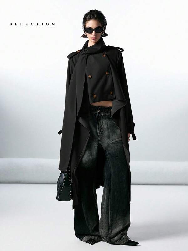 LYSMO 女士休闲双排扣纯色风衣，秋季女士未来主义时尚前卫风