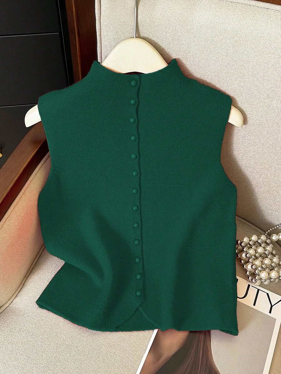 Franclia 休闲宽松高领无袖针织纽扣设计红色女式毛衣上衣，春秋 - 墨綠色 - 查看 1