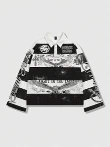 ROMWE MEN Street Life 男士条纹领长袖印花T恤，休闲学院风上衣，秋季款 - 黑與白 - 查看 5