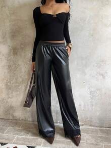 SHEIN Unity Fashionable Commuter PU Lace Patchwork Straight Leg Pants - Black - View 3