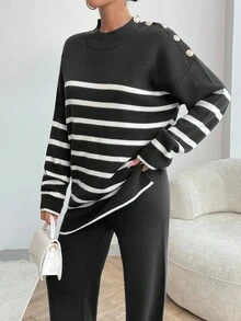 EURMUSE Women Stripe Pattern Button Detailed Round Neck Drop Shoulder Pullover & Sweater Pants Set - Black - View 4