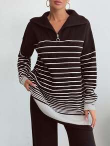 EURMUSE Women Solid Color Asymmetric Stripe Pattern Collar Neck Zipper Drop Shoulder Pullover & Sweater Pants Set, Petite, Winter Clothes - Brown - View 6