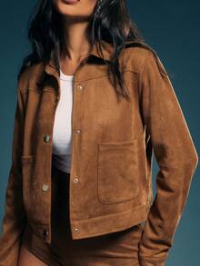 Denimoi Women's Suede Single Breasted Placket Patch Pocket Jacket - Brown - View 6