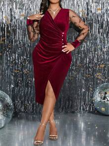 SHEIN Clasi Plus Size Elegant Contrast Color Mesh Patchwork Wrap Dress, Autumn, For Christmas, Thanksgiving Maxi Women Outfit - Burgundy - View 5