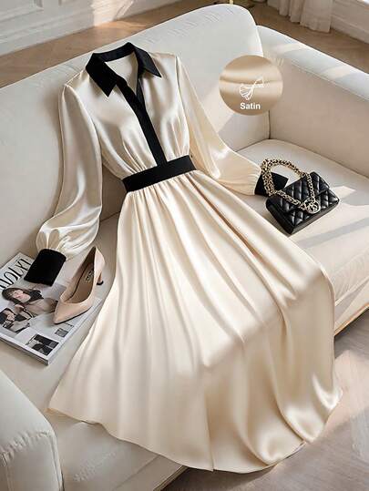 Franclia 优雅杏色拼色长袖中长连衣裙，秋季女装，拼色领口、腰部、袖口