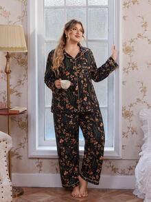 CottageSlumber Floral Print Open Front Collar Long Sleeve Top & Pants Plus Size Pajama Set Fall Winter Clothes - Multicolor - View 7