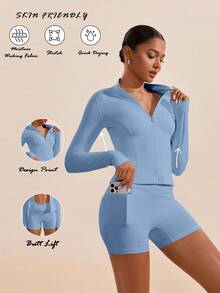 VARSIVA 女式高领长袖紧身运动套装 - 藍色 - 查看 3