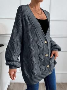 EURMUSE Cárdigan oversize de mujer con detalles de punto de cable - Gris Oscuro - Ver 2