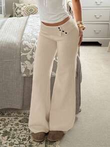 CovetEZ 女式纯色翻边腰阔腿裤，秋冬 - 卡其色 - 查看 4