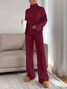 EURMUSE Women Relaxed Fit Turtle-Neck Sweater With Rib Knit Detailed And Straight Knit Pant Set,Co Ord,Winter Clothes - Burgundy - View 5