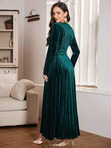 Al Najma Emerald Green Waist Tie Flared Long Sleeve Velvet Elegant Dress, Suitable For Formal Occasions, Autumn/Winter