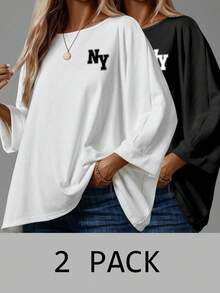 EMERY ROSE Minimalist New York NY Logo Print Casual Simple Basic Women T-Shirt, Suitable For Autumn/Winter 2 Packs Tops - Multicolor - View 1