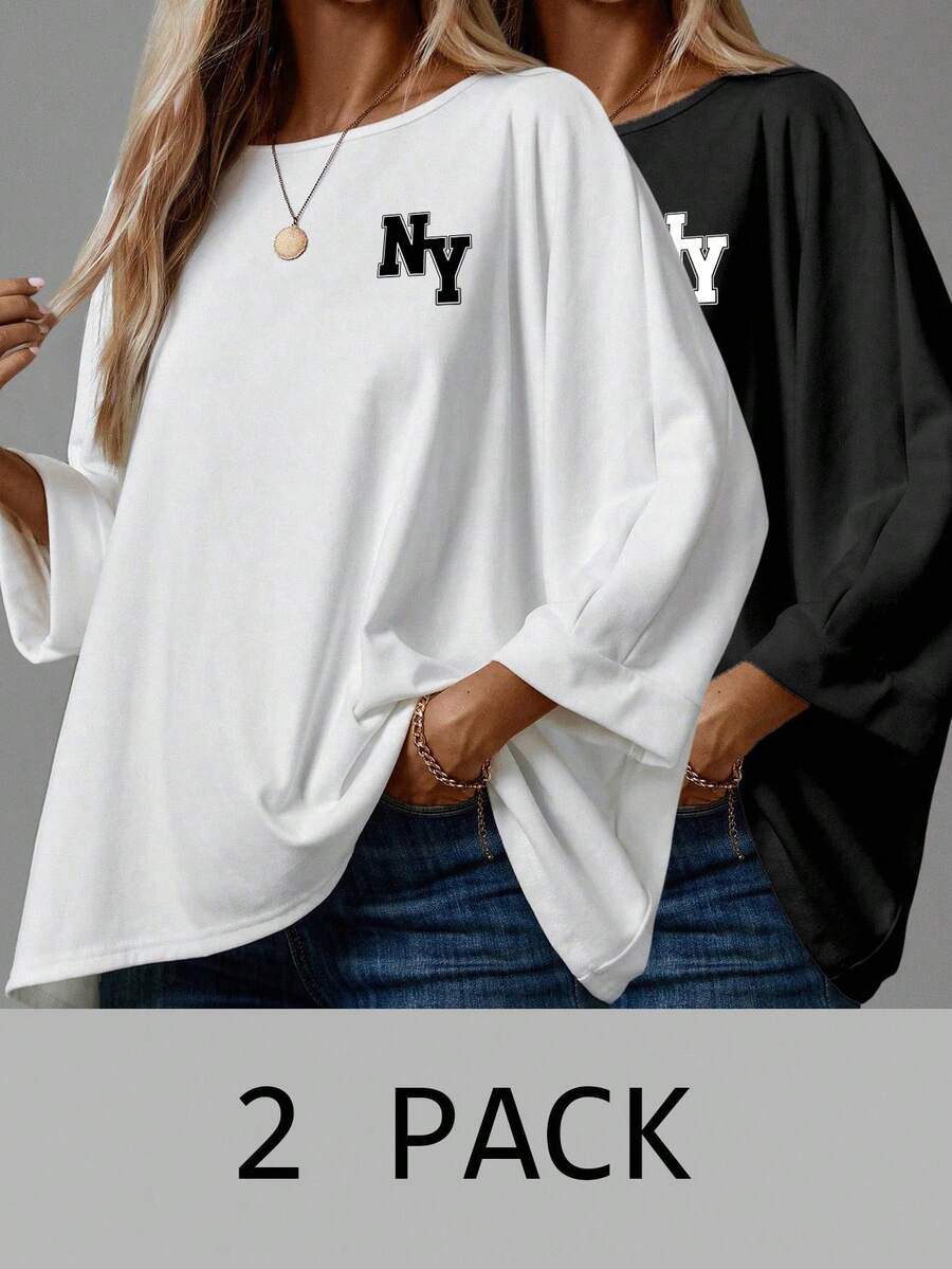 EMERY ROSE Minimalist New York NY Logo Print Casual Simple Basic Women T-Shirt, Suitable For Autumn/Winter 2 Packs Tops - Multicolor - View 1