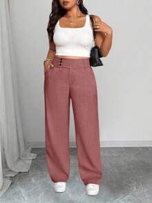 SHEIN Tall CURVE Quần ống đứng thường ngày cỡ lớn cho nữ có cạp chun rộng - Hồng - Xem 3