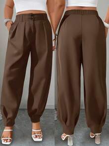 Elenzga 大码女式休闲纯色抽绳裤 - 棕色 - 查看 7