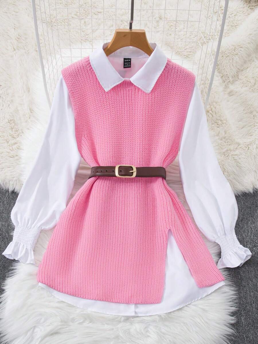 INAWLY 女士休闲纯色圆领开衩毛衣背心