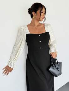 Firerie 大码优雅蕾丝珍珠纽扣装饰休闲连衣裙，适合工作、办公室、通勤、春秋冬 - 黑色 - 查看 1