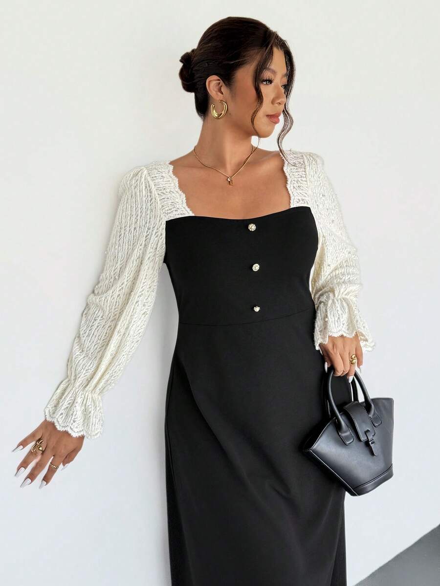 Firerie 大码优雅蕾丝珍珠纽扣装饰休闲连衣裙，适合工作、办公室、通勤、春秋冬 - 黑色 - 查看 1