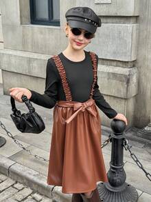Váy da PU cổ tròn phối màu dệt kim gân MODELY cho bé gái, viền bèo nhún và thắt lưng, phong cách quý cô thanh lịch, thích hợp mặc thường ngày và đi nghỉ, mùa xuân/thu - Màu nâu  Mocha - Xem 5