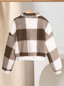 SHEIN Tween Girl Rutig fleece med ståkrage, långärmad kort plyschjacka, höst och vinter, flanelljacka, avslappnad rutig jacka, höstvinter, mamma och jag matchande, höstvinter - Kaki - Visa 12