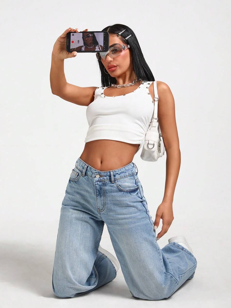 EURMUSE PETITE LOW WAIST SNOW WASH STRAIGHT JEAN Crop Tops Y2k White Crop Tops White Crop Top Women White Y2k Top Jean Crop Top - Medium Wash - View 1