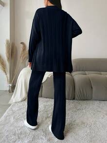 EURMUSE 2pcs Women's Solid-Color Dropped Shoulder Loose Cardigan And Knitted Pants Set, Autumn-Winter - Navy Blue - View 2