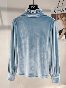 GlowEve 女士天鹅绒荷叶边领日常通勤时尚法式街头复古百搭假日商务浅蓝色长袖衬衫，秋冬款 - 淺藍色 - 查看 2