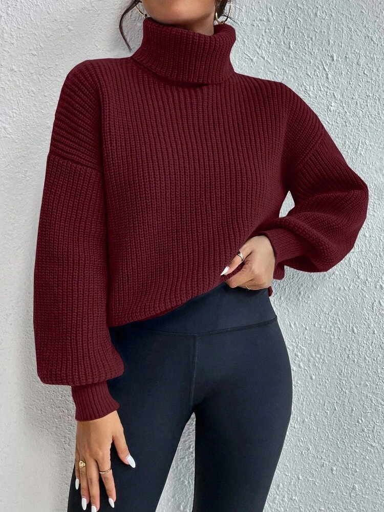 Celisse Solid Color Turtleneck Ribbed Knit Casual Long Sleeve Pullover Sweater - Rose Red - View 4