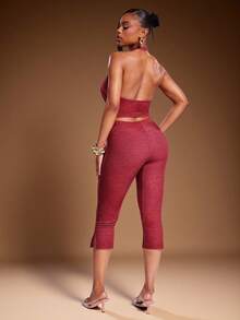 Denimoi 两件套仿牛仔效果弹力针织露背上衣和七分裤套装 - 酒紅色 - 查看 4