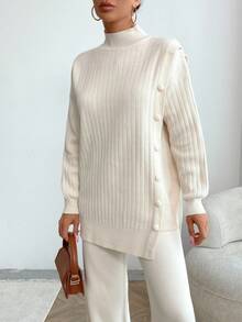 EURMUSE Women Solid Color Button Detailed Mock Neck Drop Shoulder Pullover & Sweater Pants Set - Beige - View 3