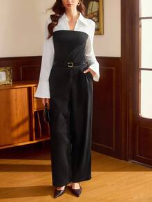 Vintamour 2pcs Vintage Elegant Women's Set,Fitted Contrast Material Patchwork Top And Pants,Long Sleeve Black And White Two Pieces Set,Autumn Office New Year - Black - View 4