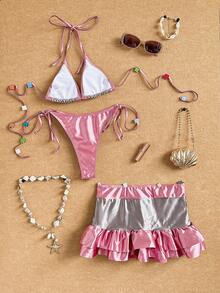 Bộ bikini tam giác hở lưng bèo nhún phối màu kèm chân váy đi biển mùa hè - Nhiều màu - Xem 2