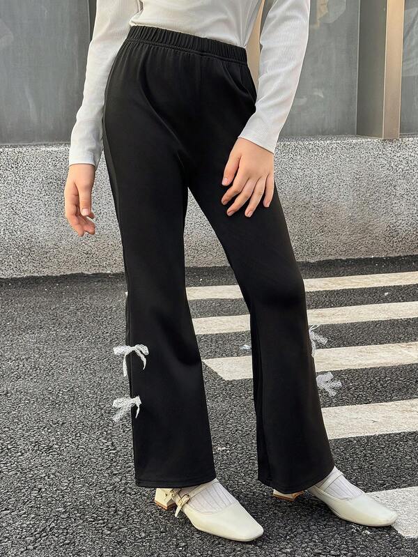 MODELY Tween Girl Girls' Flare Pants, Solid Color Knit Casual Flare Pants, Minimalist Style With Lace Trim & Bow Decor, American Casual, Suitable For Spring/Autumn Daily Casual & Vacation Fall Winter