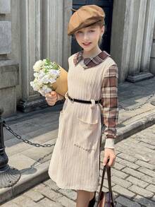 Tween Girls Casual Plaid Patchwork Dress, Autumn - Multicolor - View 6