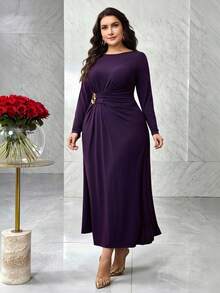 Modelyn Đầm suông tay dài cổ tròn màu trơn cỡ lớn cho nữ, eo kim loại, trang trí xếp nếp thanh lịch - Màu tím - Xem 6