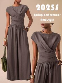 Zivah New New Spring And Summer Leisure Vacation, Daily Outing, Versatile Wear, Elegant, Cruise Travel, Seaside, Beach, Vacation, Sunbathing, Popular Online Style, Small Round Neck, Overlapping Hem, Wool Two Pieces Women's Work Clothes Work Outfits Women - Purple - View 8