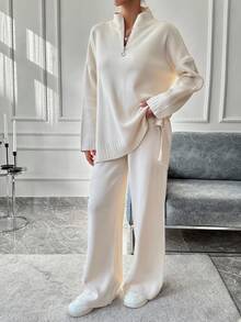 EURMUSE Half Zip Drop Shoulder Sweater & Knit Pants - Apricot - View 3