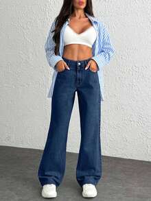 EURMUSE Damen Jeans mit hoher Taille und weitem Bein in Snow Wash - Königsblau - Übersicht 6