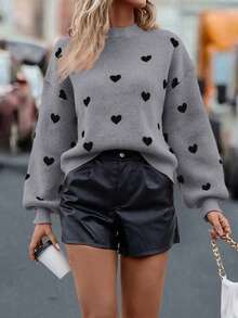 EMERY ROSE Women's Autumn/Winter Fashion Drop Shoulder Long Sleeve Heart Pattern Sweater - Grey - View 5