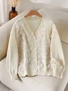 CosyJoli Plus Size Women 3D Floral Design Open Front Knit Cardigan, Fashionable & Versatile For Daily Commute Autumn Winter Clothes For Women - Beige - View 1