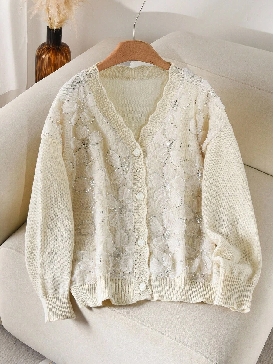 CosyJoli Plus Size Women 3D Floral Design Open Front Knit Cardigan, Fashionable & Versatile For Daily Commute Autumn Winter Clothes For Women - Beige - View 1