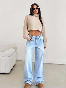 EURMUSE 90 年代风格淡蓝色高腰阔腿牛仔裤 - 中等水洗藍 - 查看 4