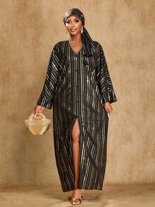 Brilight 女士休闲烫金条纹宽松外套正装衬衫连衣裙日常休闲外出适合所有场合 - 黑色 - 查看 4