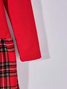 Sparklyn 女童数码印花格子拼布蝴蝶结装饰长袖连衣裙，适合节日、郊游、上学和街头风格 - 紅色 - 查看 5