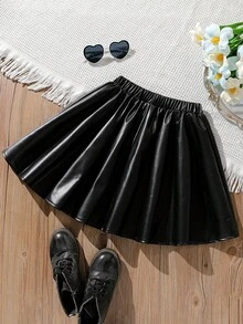 Sparklyn 复古法式女童PU皮革高腰百褶裙，时尚百搭 - 黑色 - 查看 2